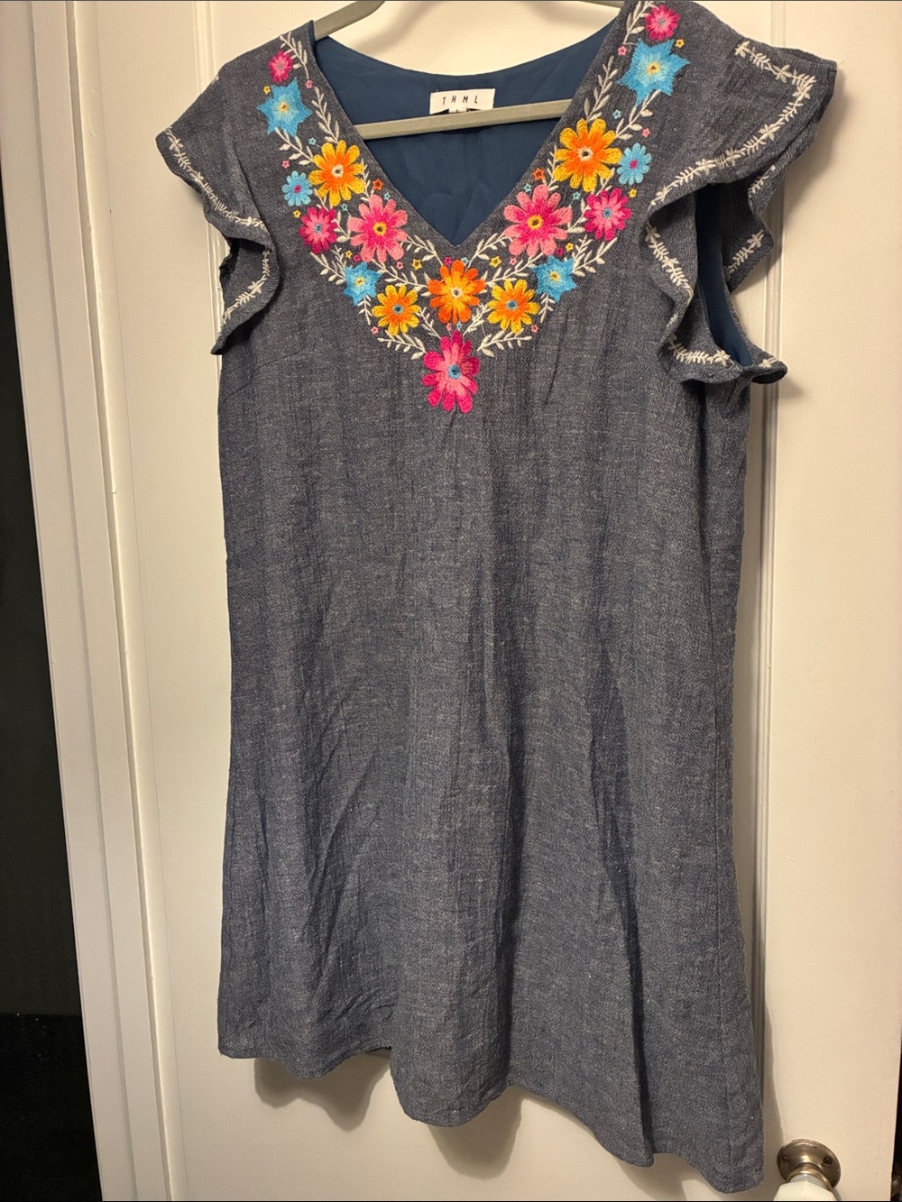 THML Blue Chambray Mini Dress with Bright Floral Embroidery
